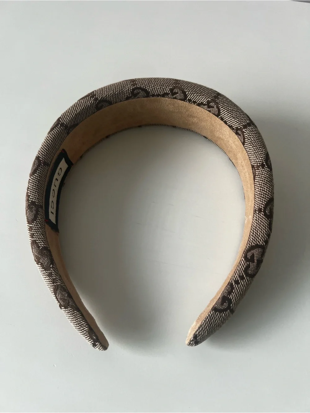 Gucci Brown Beige Monogram Padded Headband with Gold Accent